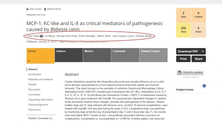Galan i sur. (2018): MCP-1, KC-like and IL-8 as critical mediators of pathogenesis caused by Babesia canis. PlosOne.