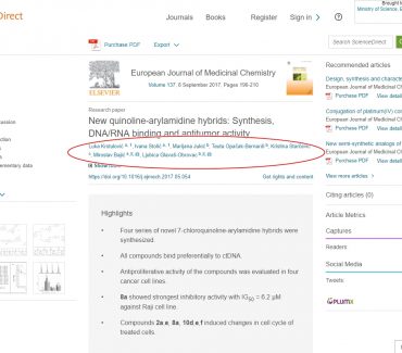 Krstulović i sur. (2017): New Quinoline-Arylamidine Hybrids : Synthesis, DNA/RNA Binding and Antitumor Activity.European Journal of Medicinal Chemistry.