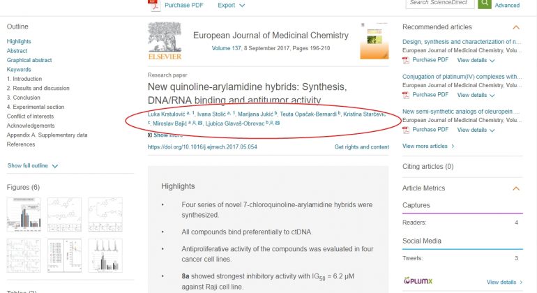 Krstulović i sur. (2017): New Quinoline-Arylamidine Hybrids : Synthesis, DNA/RNA Binding and Antitumor Activity.European Journal of Medicinal Chemistry.