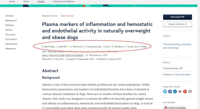 Barić Rafaj i sur. (2017): Plasma markers of inflammation and hemostatic and endothelial activity in naturally overweight and obese dogs. BMC Veterinary Research.