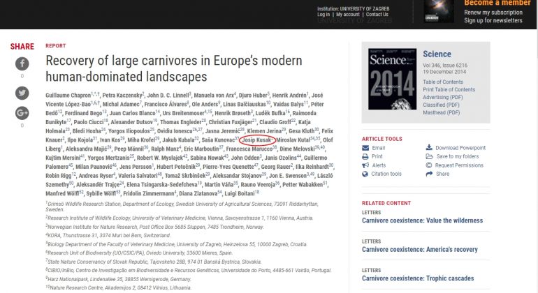 Chapron i sur. (2014): Recovery of large carnivores in Europe’s modern human-dominated landscapes. Science.