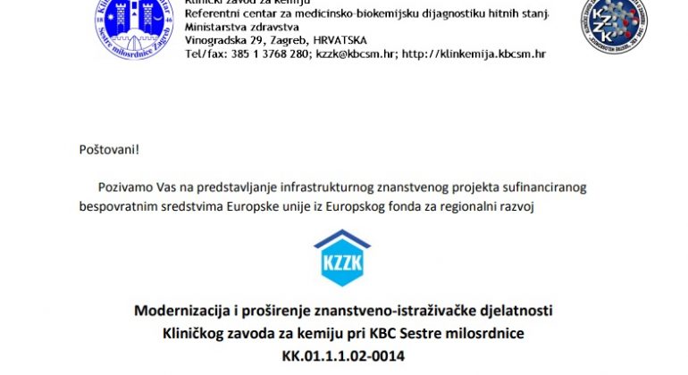 Poziv na predstavljanje projekta u KBC Sestre milosrdnice