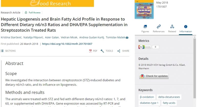 Starčević i sur. (2018): Hepatic Lipogenesis and Brain Fatty Acid Profile in Response to Different Dietary n6/n3 Ratios and DHA/EPA Supplementation in Streptozotocin Treated Rats. Mol. Res. Food Res.