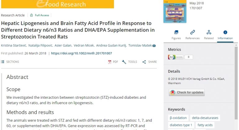 Starčević i sur. (2018): Hepatic Lipogenesis and Brain Fatty Acid Profile in Response to Different Dietary n6/n3 Ratios and DHA/EPA Supplementation in Streptozotocin Treated Rats. Mol. Res. Food Res. Starčević i sur. (2018): Hepatic Lipogenesis and Brain Fatty Acid Profile in Response to Different Dietary n6/n3 Ratios and DHA/EPA Supplementation in Streptozotocin Treated Rats. Mol. Res. Food Res.