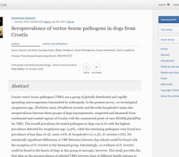 Jurković i sur. (2018): Seroprevalence of vector-borne pathogens in dogs from Croatia.  Parasitology Research.