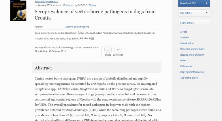 Jurković i sur. (2018): Seroprevalence of vector-borne pathogens in dogs from Croatia.  Parasitology Research.
