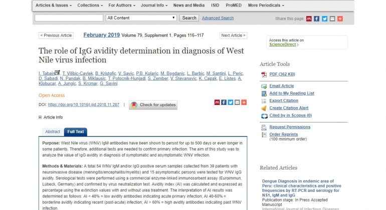 Tabain i sur. (2018): The role of IgG avidity determination in diagnosis of West Nile virus infection. Int J Infect Dis.