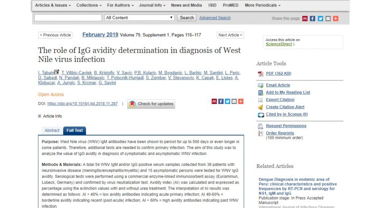 Tabain i sur. (2018): The role of IgG avidity determination in diagnosis of West Nile virus infection. Int J Infect Dis. Tabain i sur. (2018): The role of IgG avidity determination in diagnosis of West Nile virus infection. Int J Infect Dis.
