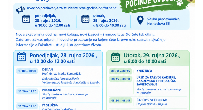 Organizacija uvodnog predavanja – 28.9.2026. u 10:00 i 29.9.2026 u 8:00